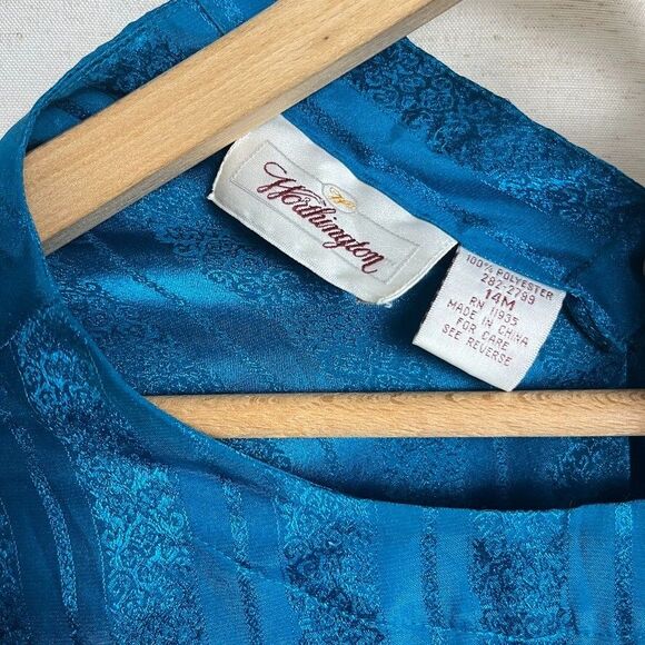 Worthington Blouse‎ Top Sz Medium 14 Teal Blue Floral Print Peacock - Picture 2 of 6